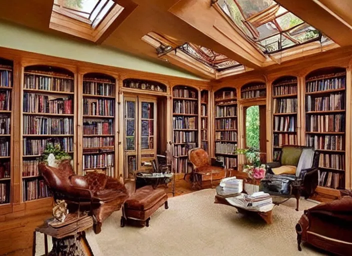 Prompt: beautiful large home library in a glass conservatory, elegant, interior design