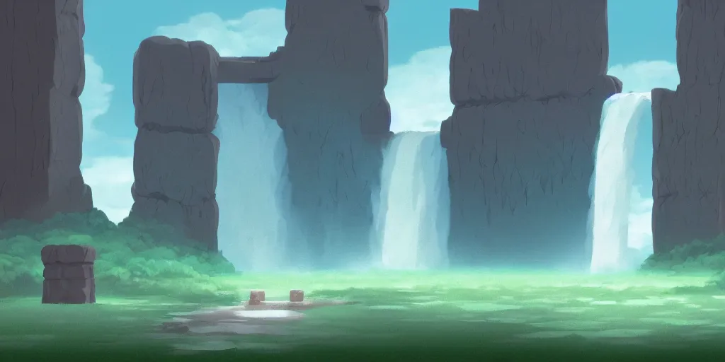 Image similar to a cell - shaded studio ghibli concept art study of a dimensional portal doorway with a waterfall flowing out it in a flooded monument valley stonehenge temple jungle. very dull colors, hd, 4 k, hq