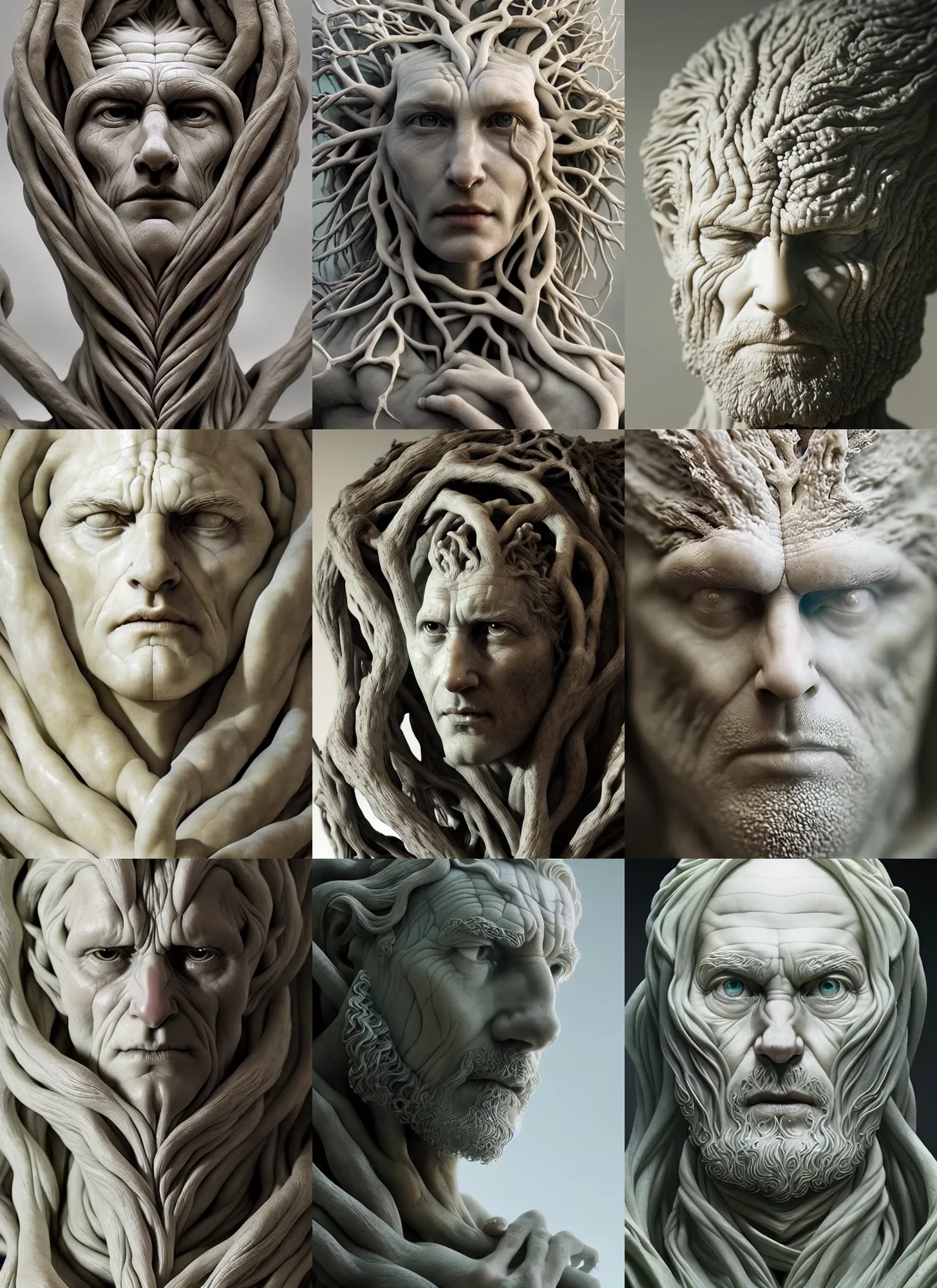 Image similar to beautiful closeup portrait of tree of life marble sculpture by greg rutkowski, josan gonzalez, rodin, michelangelo, cinematography by christopher nolan, imaginative, creative, emotion : madness