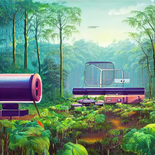 Image similar to beautiful painting of a giant printer in the middle of a jungle in the style of Simon Stålenhag