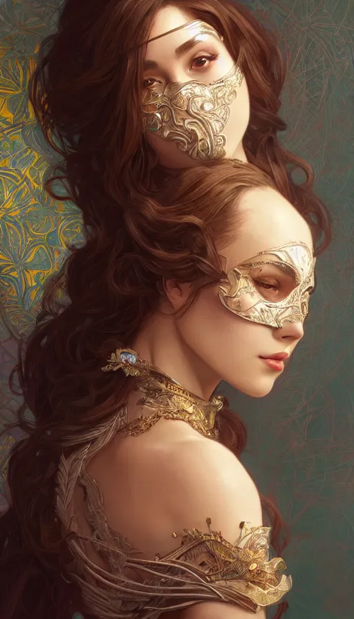 Image similar to masked, perfectly-centered-Portrait of the most beautiful woman on the planet , intricate, highly detailed, digital painting, artstation, concept art, smooth, sharp focus, illustration, Unreal Engine 5, 8K, art by artgerm and greg rutkowski and alphonse mucha