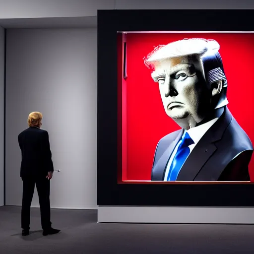 Prompt: trump watching a cyborg trump exhibition in a museum, studio lighting, photography, highly detailed, 4 k,