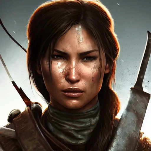 Image similar to Lara croft as samurai , wet face , heavy rain, dirt face ,dramatic, intricate, highly detailed, concept art, smooth, sharp focus, illustration, Unreal Engine 5, 8K