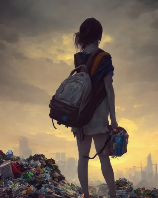 Image similar to poor detailed girl with backpack standing at cars looking for food at garbage dump, destroyed cars, city is pure wasteland, moody sunset in background, high details, photorealism, cinematic, greg rutkowski, alphonse mucha, trending on artstation, artgerm, unreal engine, breathtaking, award winning, highly detailed