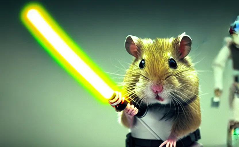 Image similar to hamster, wielding a lightsaber, movie still, star wars, cinematic, sharp focus, cinematic lighting, 8 k