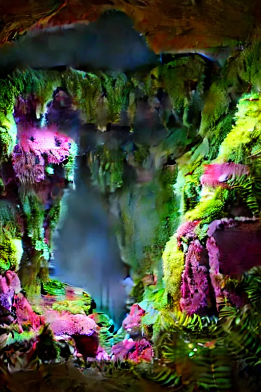 Prompt: inside of a cave with a hyper - realistic bright coloured natural flowers and ferns : 4, overlooking a endless plain with pink lightning clouds : 2 highly symmetrical, balanced, lightning clouds : 4, octane render, in the style of sahm : 3 hd, 4 k, ultra - realistic, in unreal engine
