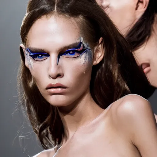 Prompt: A beautiful portrait of valery kaufman as Bond Girl from latest James Bond movie and a model at Versace fashion show as a model Spring/Summer 2018, highly detailed, in the style of cinematic, Milan fashion week backstage, Extreme close up, Makeup by Pat McGrath, Hair by Guido Palau, Greg rutkowski