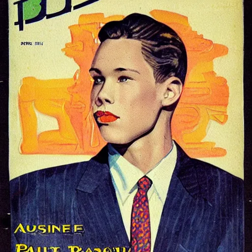 Prompt: “Austin Butler portrait, color vintage magazine illustration 1950”