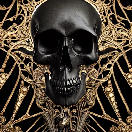 Image similar to skull in black concrete with intricate gold inlay carving in art nouveau style, hyper detailed, insane details, intricate, elegant, luxury, dramatic lighting, CGsociety, hypermaximalist, golden ratio, fog, overcast lighting, moody atmosphere, environmental key art, octane render, weta digital, micro details, 3d sculpture, ray trace, 8k