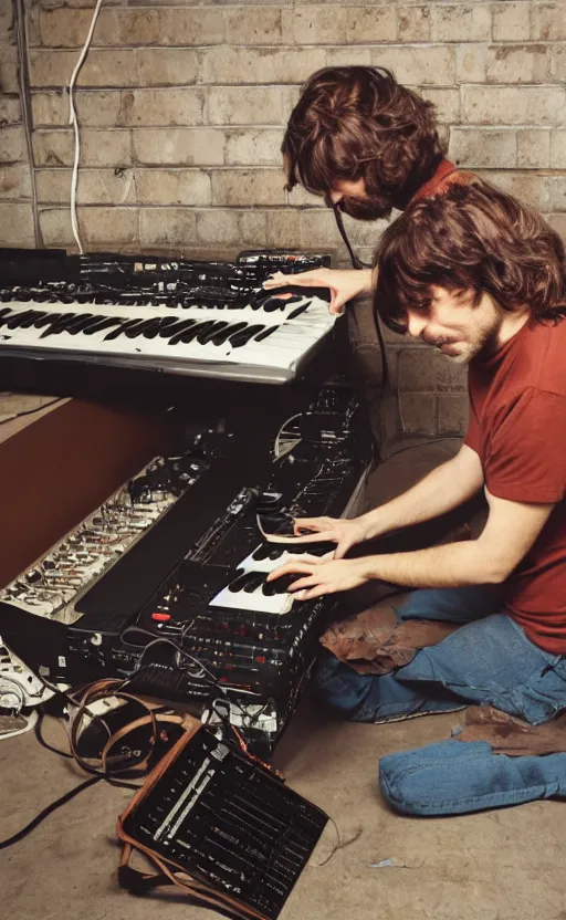 Image similar to portrait of extremely frustrated male electronic serialist compser with long brown hair in front of his broken synthesizer, all ruined, expressionist photo, masculine, brutal