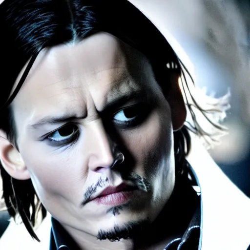 Prompt: Film Still of a Young Adult Johnny Depp playing Adult Tom Riddle in Harry Potter, Film Still, realistic, hyperrealistic, very realistic, very very realistic, highly detailed, very detailed, extremely detailed, detailed, detailed face, very detailed face, very detailed face, realism, HD Quality, 8k resolution, intricate details, body and head in frame, Real Life