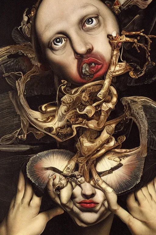 Image similar to Detailed maximalist portrait with large lips and with large wide eyes, surprised expression, surreal extra flesh and bones, HD mixed media, 3D collage, highly detailed and intricate, illustration in the golden ratio, in the style of Caravaggio, dark art, baroque