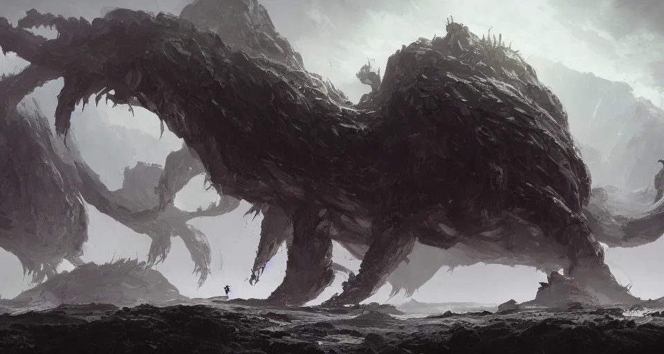 Image similar to a giant eldritch monster crawling across a misty mountainous landscape, dramatic lighting, illustration by francois baranger, greg rutkowski, yoji shinkawa, 4 k, digital art, concept art, trending on artstation