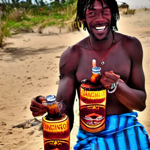 Image similar to bang man drinking bongo beer on tanzania on bongo beach dancing to bongo music Africa bongo people and love, realistic photo, surreal place