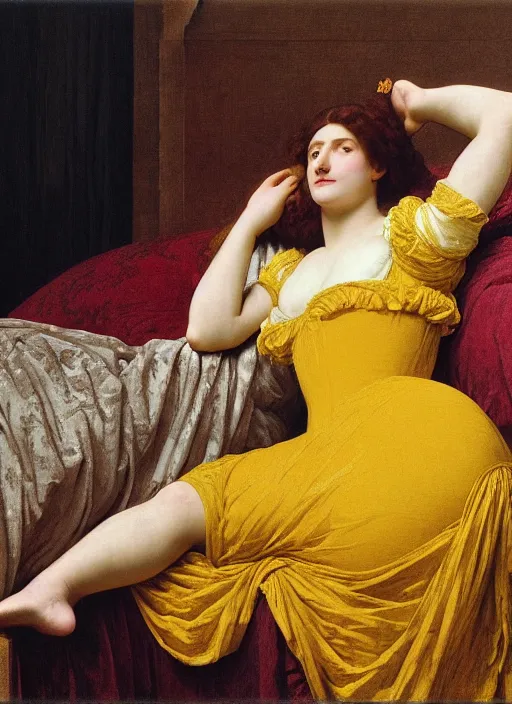 Image similar to masterpiece portrait of lady reclining on bed wearing yellow ochre ornate medieval dress, vertical, foreshortening, colour photography by frederic leighton, william morris, 8 k