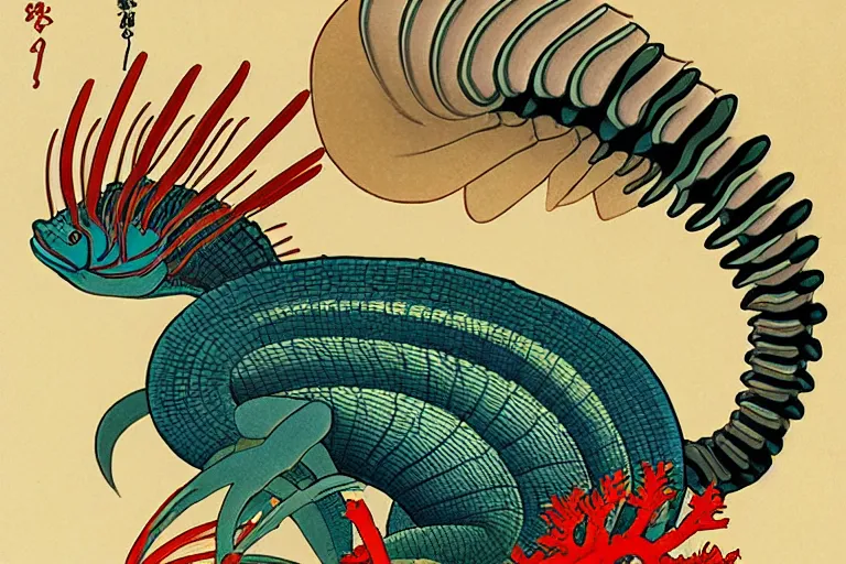 Image similar to ukiyoe painting of cambrian era anomolocarus, trending on artstation