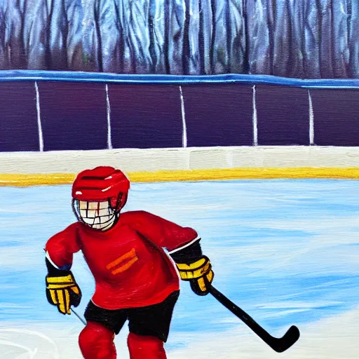 Prompt: a painting of a kid playing hockey in an outdoor rink, close up, action shot