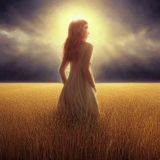 Image similar to close-up shot, a beautiful painting of a girl in a airy semi-transparent thin light dress standing in the glowing wheat fields, mystical setting, afternoon sun, long shadows, photo from the back, by Mark Ryden, artgerm, Bekzinski, WLOP, Felix Kelly and Ross Tran, trending on artstation