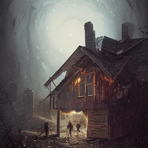 Image similar to two husbands leave each other inside broken wooden house, detailed intricate ink illustration, dark atmosphere, detailed illustration, hd, 4k, digital art, overdetailed art, concept art, by greg rutkowski, by loish, complementing colors, Trending on artstation, deviantart