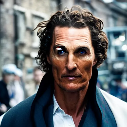 Prompt: [UHD candid photo of Matthew McConaughey as Sherlock Holmes, running down the streets of futuristic steampunk London, correct face, accurate facial details, graphic detail, sharp focus, photo by Annie Leibowitz]