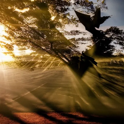 Image similar to a samurai with black demon wings flying towards a tree god rays are shining on him and the tree