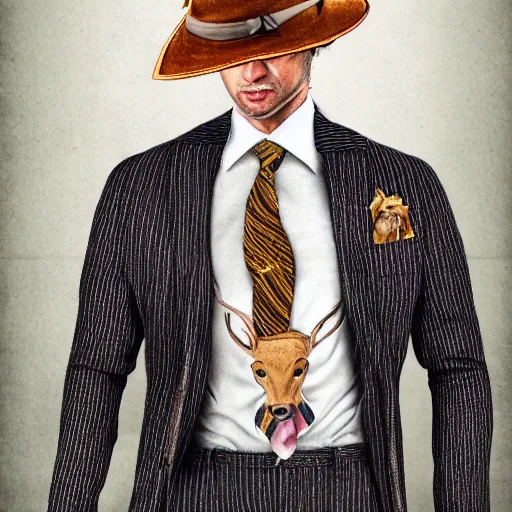 Prompt: a upper body portrait of a deer in a pinstriped suit and pants wearing a fedora with the antlers sticking out of the fedora by artgerm and wlop, human hands adjusting the tie, intricate detail, digital art, photorealistic, trending on artstation