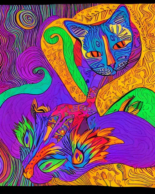 Prompt: psychedelic cat in wonderland by laurel burch, detailed matte painting 8k