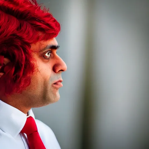 Prompt: A high-quality photo of Sajid Javid wearing a long red wig, m.zuiko 75mm, f 1.8, 1/400, RAW, unedited, 8K, high quality,