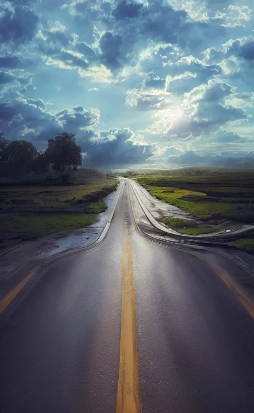 Image similar to paperback book cover. 2 0 2 0 s. pure colors, melting clouds, accurately drawn details, a sunburst above a receding road with the light reflected in furrows and ruts, after rain. photorealistic. octane render. cinematic. trending on artstation. textless.