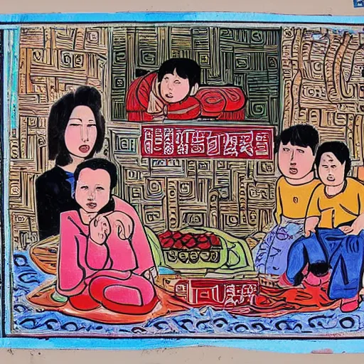 Image similar to a uyghur family in a prison, in the style of daniel johnston and outsider art, 4k, overlaid with chinese text