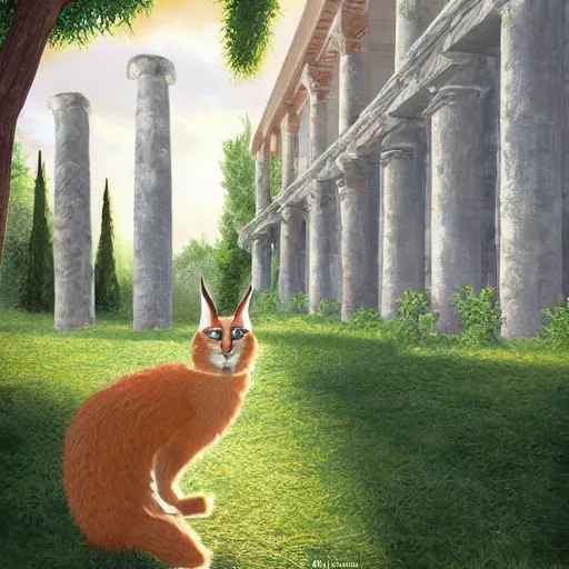 Image similar to cute fluffy caracal in ancient greek town, marble columns, olive trees, sunny, a beautiful landscape by gediminas pranckevicius