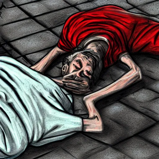 Prompt: a depressing digital painting of a homeless drug addict lying on the ground in an Ally, highly detailed digital art