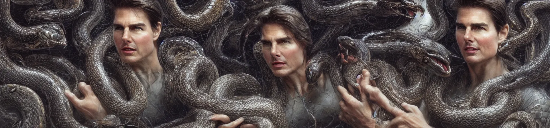 Image similar to beauty woman Tom Cruise with snakes for hair, Medusa, detailed face, surrounded by spiders, very detailed, dramatic lighting, electrical details, high details, 4k, 8k, trending on artstation, by Greg Rutkowski, Wayne Barlowe, Hajime Sorayama and Boris Vallejo