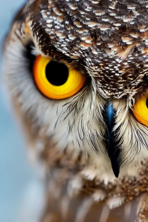 Prompt: a macro photo of a gorgeous owl with beautiful big eyes staring at the camera, dynamic pose, close - up, intricate details, intricately detailed feathers, intricate textures, warm lighting, vivid colors, smoke and mist, realistic octane render, hyper realistic render, volumetric shading, depth of field, raytracing, 8 k,