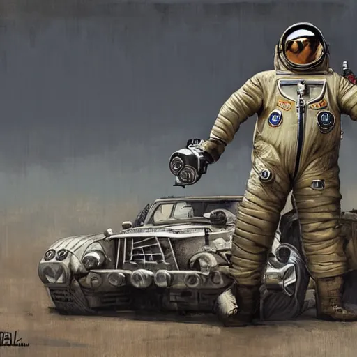 Prompt: [Dieselpunk cosmonaut, checkered flag, very detailed, cinematic lighting, matte, sharp, photography, art by enki bilal]