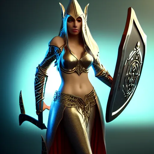 Image similar to full - body shot, cinematic movie image, beautiful hot elven female mage with a shield and a sword, ultra - hd, hcl, 1 2 - bit, ar, volumetric lighting, screen space global illumination, opaque, optics, lumen reflections, vfx, elegant, ornate, hyper realistic, super detailed, insanely detailed and intricate
