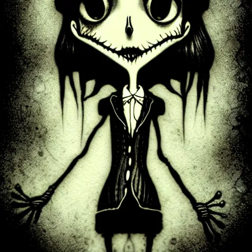 Image similar to grunge cartoon drawing of a plushie by - michael karcz , in the style of corpse bride, loony toons style, horror themed, detailed, elegant, intricate