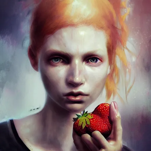 Image similar to portrait of woman with strawberry blond hair by bastien lecouffe - deharme and charles bowater, bangs, ponytail, greg rutkowski, black tank top, inspired by diablo concept art