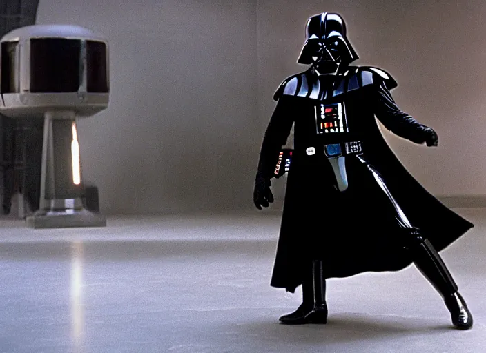 Image similar to film still of Darth Vader posing just like John Travolta on the cover of Saturday Night Fever, 4k