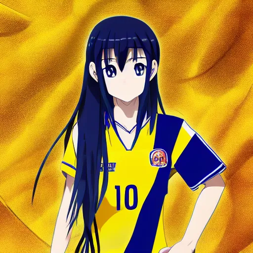 Image similar to Anime girl wearing the National Colombian Soccer Team uniform , Artwork by Makoto Shinkai, official media, 8k, pixiv, high definition, wallpaper, hd, digital artwork