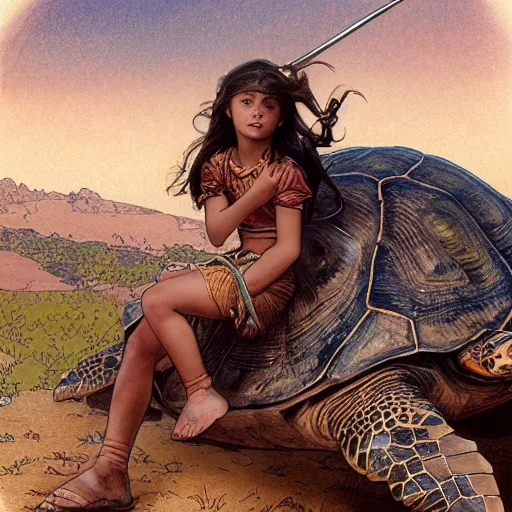 Image similar to a little warrior girl sitting on top of a giant turtle that is walking in the desert, seen from a distance. the girl is fully visible and has dark skin, realistic full body and a very beautiful detailed face with long black hair. diffuse light, dramatic sky and landscape, fantasy illustration by mucha