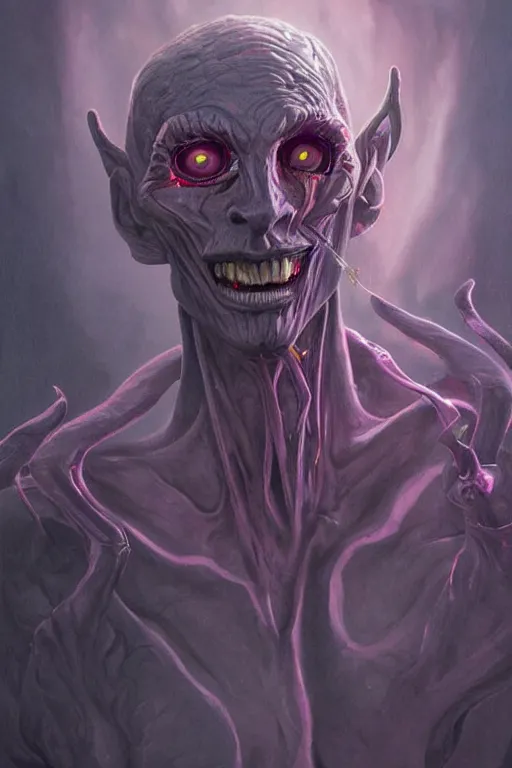 Prompt: Haunting horrifying detailed painting of a tall skinny extraterrestrial demon man made of cloudy smoke, missing teeth and glowing purple lens flare eyes, hyper detailed, trending on Artstation