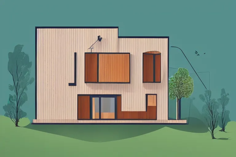 Image similar to a beautiful flat 2 dimensional illustration of a cross section of a house, view from the side, a storybook illustration by muti, colorful, minimalism, featured on dribble, unique architecture, behance hd, dynamic composition