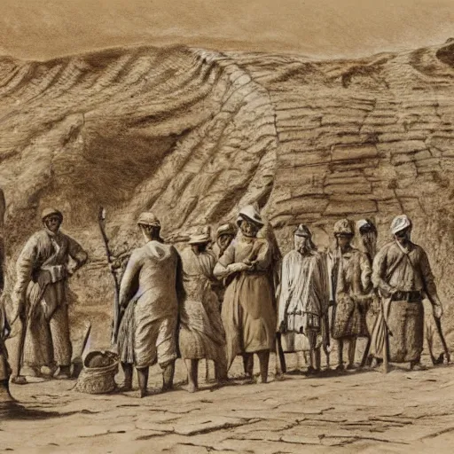 Image similar to ultra detailed photorealistic sepia - toned line drawing from 1 9 1 7, a small group of british soldiers standing with bedouin traders in traditional arab garb, at an archaeological dig site in wadi rum, ultra realistic, painted, intricate details, lovecraft, atmospheric, dark, horror, brooding, highly detailed, by clyde caldwell