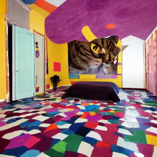 Image similar to color studio photo of a cats filled floor to ceiling in a bedroom