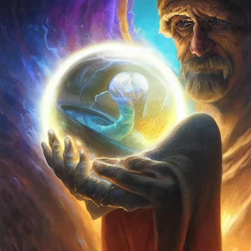 Image similar to the creator of worlds wearing a cloak and holding a holographic planet projection in his hand, detailed, sci - fi, digital painting, artstation, sharp focus, illustration, ominous, artgerm, tomasz alen kopera, peter mohrbacher, donato giancola, joseph christian leyendecker, wlop, frank frazetta