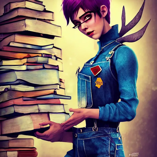 Image similar to full body pose, beautiful adult fairy, pixar, short white hair shaved sides, dirty, grungy, grunge, long sleeve, painted overalls, stacks of giant books, highly detailed, 4 k, hdr, smooth, sharp focus, high resolution, award - winning photo, artgerm, photorealistic