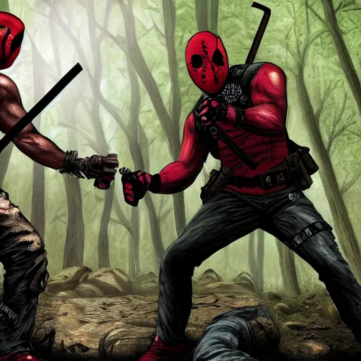 Image similar to jason voorhees fighting with deadpool in the woods digital art 4 k detailed super realistic