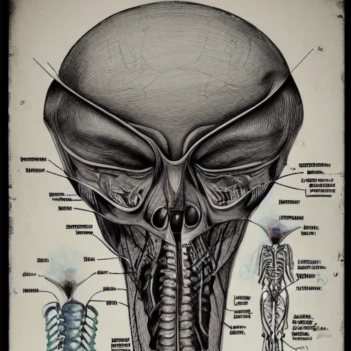 Image similar to anatomical drawing of an alien creature, with organs labeled