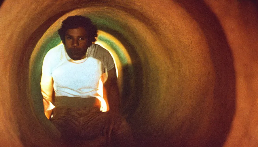 Image similar to 1 9 7 0 s movie still of a man in a barque in a fleshtunnel, cinestill 8 0 0 t